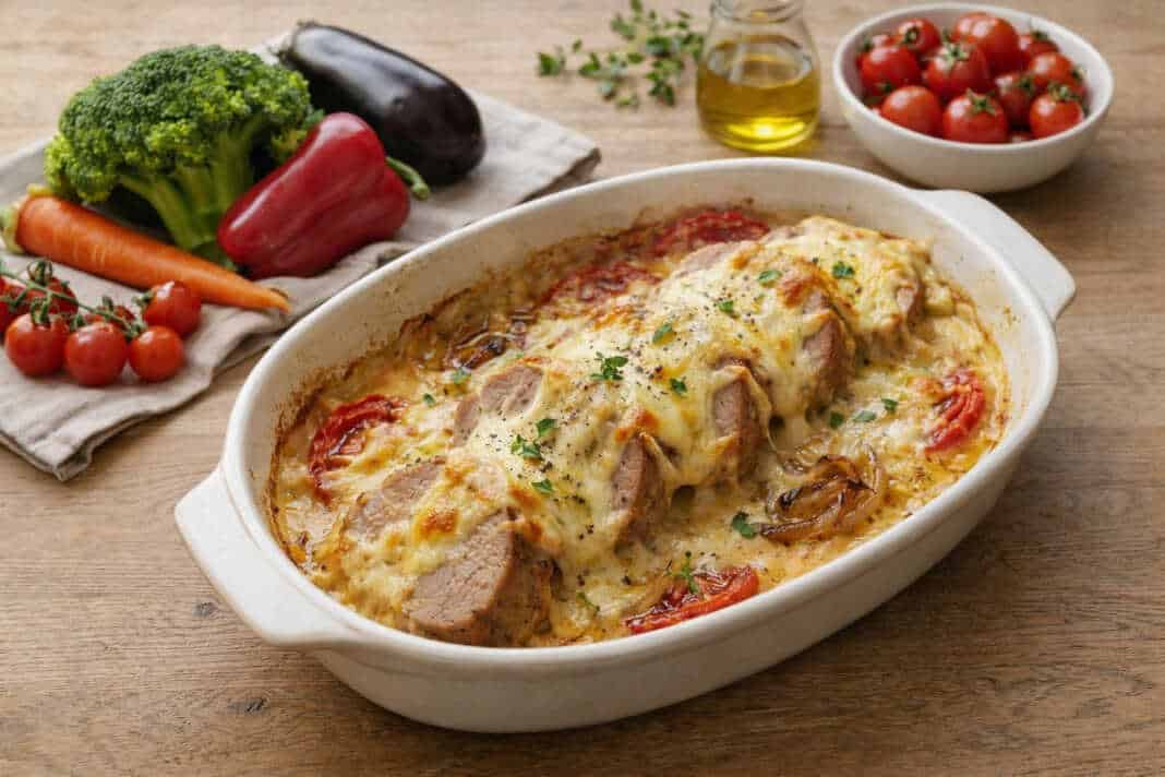 Τρυφερά κομμάτια χοιρινού φιλέτου μέσα σε πλούσια λευκή σάλτσα με λιωμένο τυρί και ροδισμένη κρούστα στο ταψί