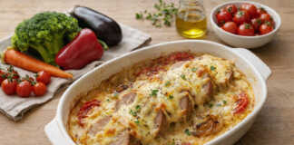 Τρυφερά κομμάτια χοιρινού φιλέτου μέσα σε πλούσια λευκή σάλτσα με λιωμένο τυρί και ροδισμένη κρούστα στο ταψί