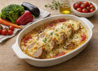 Τρυφερά κομμάτια χοιρινού φιλέτου μέσα σε πλούσια λευκή σάλτσα με λιωμένο τυρί και ροδισμένη κρούστα στο ταψί