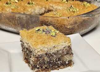 Κανταΐφι Ταψιού Παραδοσιακό με Καρύδι και Στρώσεις Ένα ταψί με χρυσαφένιο, σιροπιασμένο κανταΐφι κομμένο σε κομμάτια, πασπαλισμένο με καταπράσινο τριμμένο φυστίκι Αιγίνης