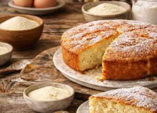 Ένα χρυσαφένιο κέικ σιμιγδαλιού με κεφίρ βγαλμένο από τη φόρμα, κομμένο σε ομοιόμορφες φέτες που αναδεικνύουν την αφράτη υφή του