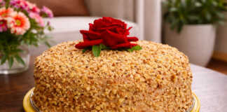 Δροσερό κέικ ψυγείου με κύβους αφράτου παντεσπανιού, πλούσια κρέμα σοκολάτας και κάλυψη από τριμμένα καρύδια