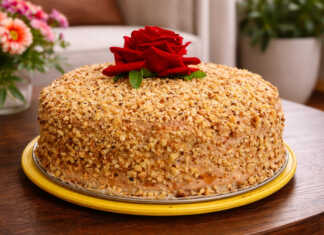 Δροσερό κέικ ψυγείου με κύβους αφράτου παντεσπανιού, πλούσια κρέμα σοκολάτας και κάλυψη από τριμμένα καρύδια