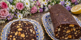 Λαχταριστές φέτες από σοκολατένιο κορμό με ολόκληρα κομμάτια μπισκότου και καρύδια σε ξύλινη επιφάνεια