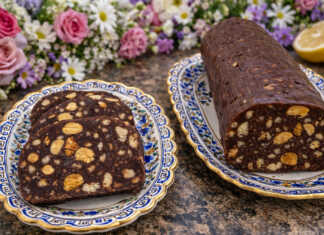 Λαχταριστές φέτες από σοκολατένιο κορμό με ολόκληρα κομμάτια μπισκότου και καρύδια σε ξύλινη επιφάνεια