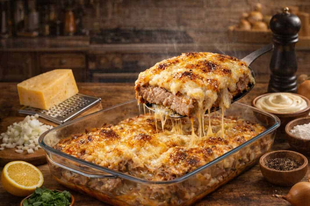 Μια πλούσια στρώση λιωμένου χρυσού τυριού πάνω από τρυφερές φέτες χοιρινού κρέατος μέσα σε ένα πυρίμαχο σκεύος