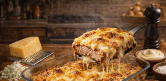 Μια πλούσια στρώση λιωμένου χρυσού τυριού πάνω από τρυφερές φέτες χοιρινού κρέατος μέσα σε ένα πυρίμαχο σκεύος