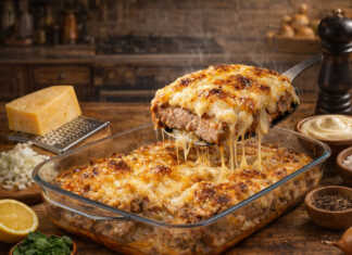 Μια πλούσια στρώση λιωμένου χρυσού τυριού πάνω από τρυφερές φέτες χοιρινού κρέατος μέσα σε ένα πυρίμαχο σκεύος