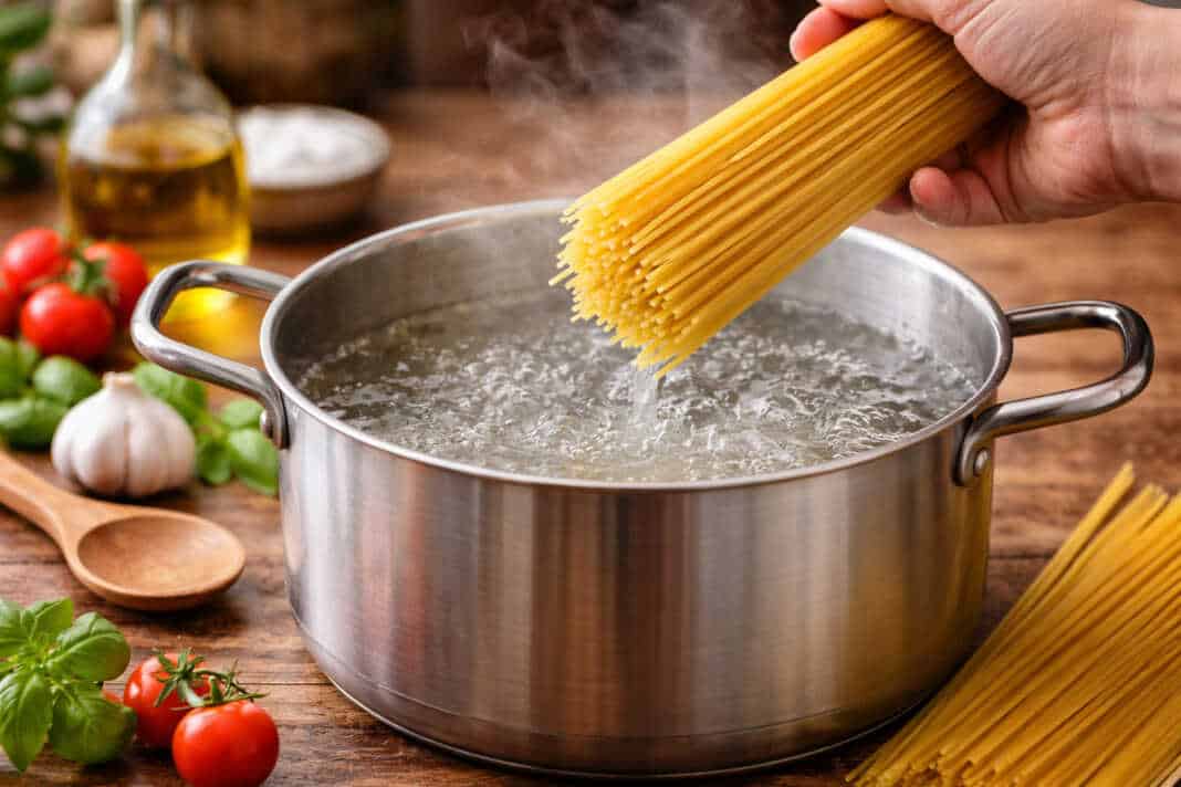 Αλάτι που ρίχνεται σε κατσαρόλα με νερό για ζυμαρικά — σωστό αλάτισμα νερού
