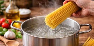 Αλάτι που ρίχνεται σε κατσαρόλα με νερό για ζυμαρικά — σωστό αλάτισμα νερού