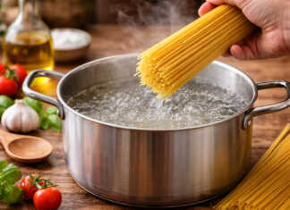 Αλάτι που ρίχνεται σε κατσαρόλα με νερό για ζυμαρικά — σωστό αλάτισμα νερού