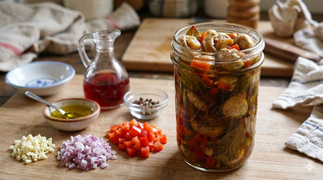Μικρά ολόκληρα μανιτάρια μέσα σε αρωματική μαρινάδα με πιπεριές, κρεμμύδι και σκόρδο σε γυαλινο μπολ