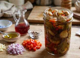 Μικρά ολόκληρα μανιτάρια μέσα σε αρωματική μαρινάδα με πιπεριές, κρεμμύδι και σκόρδο σε γυαλινο μπολ