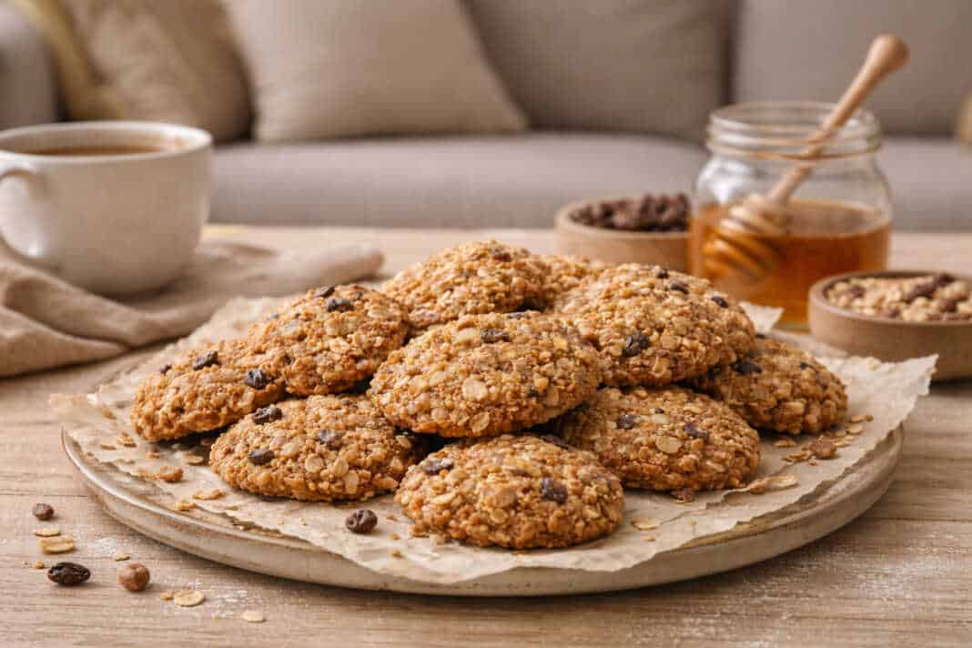 Χρυσαφένια νηστίσιμα μπισκότα βρώμης με μπανάνα και σταφίδες πάνω σε λαδόκολλα