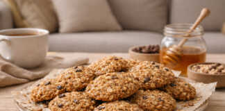 Χρυσαφένια νηστίσιμα μπισκότα βρώμης με μπανάνα και σταφίδες πάνω σε λαδόκολλα