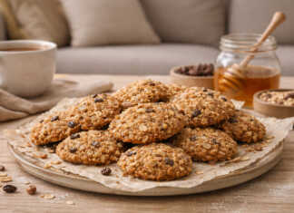 Χρυσαφένια νηστίσιμα μπισκότα βρώμης με μπανάνα και σταφίδες πάνω σε λαδόκολλα