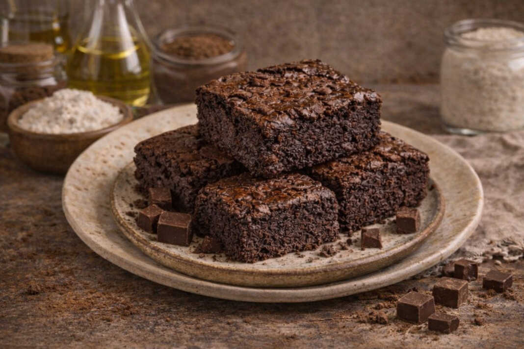 Λαχταριστά κομμάτια από Νηστίσιμο σοκολατένιο μπράουνι με υγρό κέντρο, τοποθετημένα το ένα πάνω στο άλλο σε ξύλινη επιφάνεια