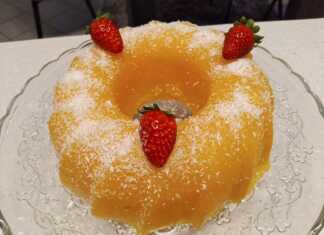 Ένα δροσερό πορτοκαλί γλυκό ψυγείου ξεφορμαρισμένο από φόρμα σιλικόνης πασπαλισμένο με λευκό ινδοκάρυδο στην κορυφή