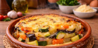 Ζουμερό ογκρατέν λαχανικών στο ταψί με λιωμένο κεφαλοτύρι και ροδοκόκκινη επιφάνεια