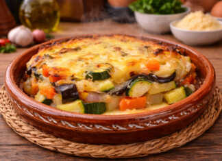 Ζουμερό ογκρατέν λαχανικών στο ταψί με λιωμένο κεφαλοτύρι και ροδοκόκκινη επιφάνεια