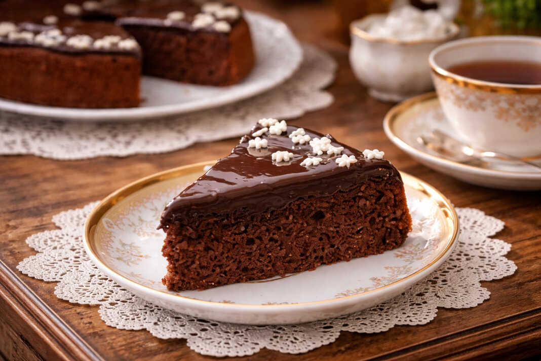 Αφράτο παντεσπάνι σοκολάτας με χοντροκομμένα καρύδια και γυαλιστερό γλάσο μαύρης σοκολάτας