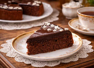 Αφράτο παντεσπάνι σοκολάτας με χοντροκομμένα καρύδια και γυαλιστερό γλάσο μαύρης σοκολάτας