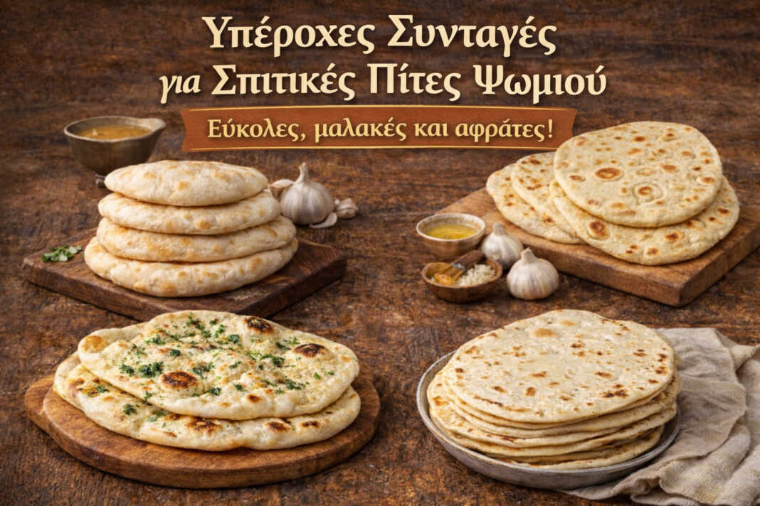 Τέσσερις διαφορετικές σπιτικές πίτες ψωμιού σε ξύλο κοπής — ελληνική πίτα, σκορδοψωμο, τορτίγια και πίτα χωρίς μαγιά