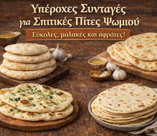 Τέσσερις διαφορετικές σπιτικές πίτες ψωμιού σε ξύλο κοπής — ελληνική πίτα, σκορδοψωμο, τορτίγια και πίτα χωρίς μαγιά