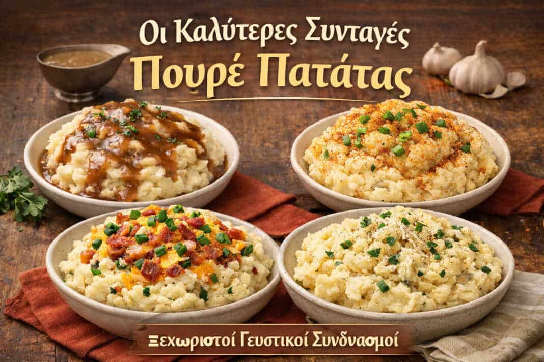 Τέσσερις παραλλαγές πουρέ πατάτας σε πιάτα εστιατορίου — κρεμώδης, πικάντικος, με τυρί και με σκόρδο
