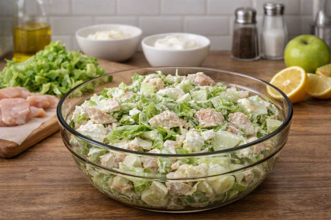 Πολύχρωμη σαλάτα με φιλέτο κοτόπουλο, φέτες αβοκάντο, αυγό και δροσερό ντρέσινγκ γιαουρτιού