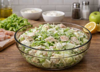 Πολύχρωμη σαλάτα με φιλέτο κοτόπουλο, φέτες αβοκάντο, αυγό και δροσερό ντρέσινγκ γιαουρτιού