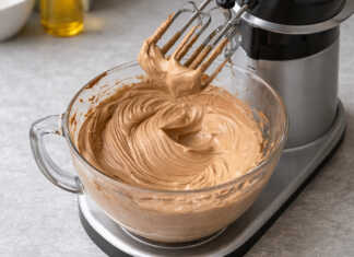 Μια λεία και γυαλιστερή σοκολατένια γκανάς που απλώνεται ομοιόμορφα πάνω σε μια τούρτα με τη βοήθεια σπάτουλας