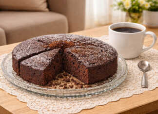 Ένα φουσκωτό και σκούρο σοκολατένιο κέικ κομμένο σε κομμάτια πάνω σε μια ξύλινη επιφάνεια