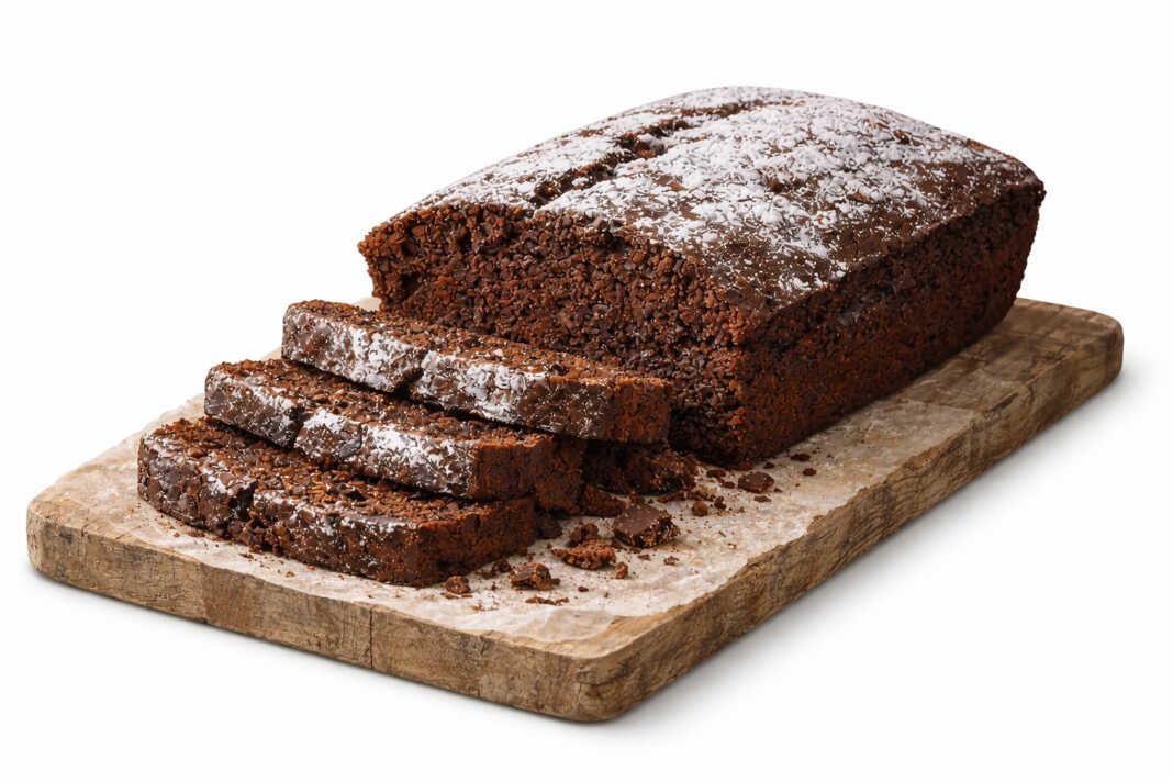 Λαχταριστό νηστίσιμο σοκολατένιο κέικ πασπαλισμένο με άχνη ζάχαρη σε πιατέλα