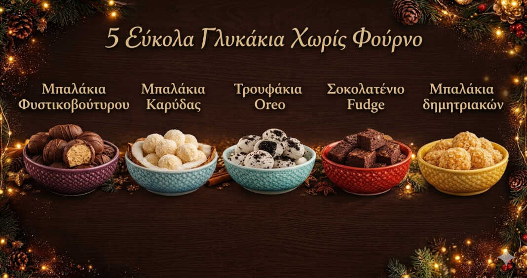 Πέντε σπιτικά γλυκά χωρίς φούρνο — τρουφάκια, μπαλάκια καρύδας και φάτζ σοκολάτας