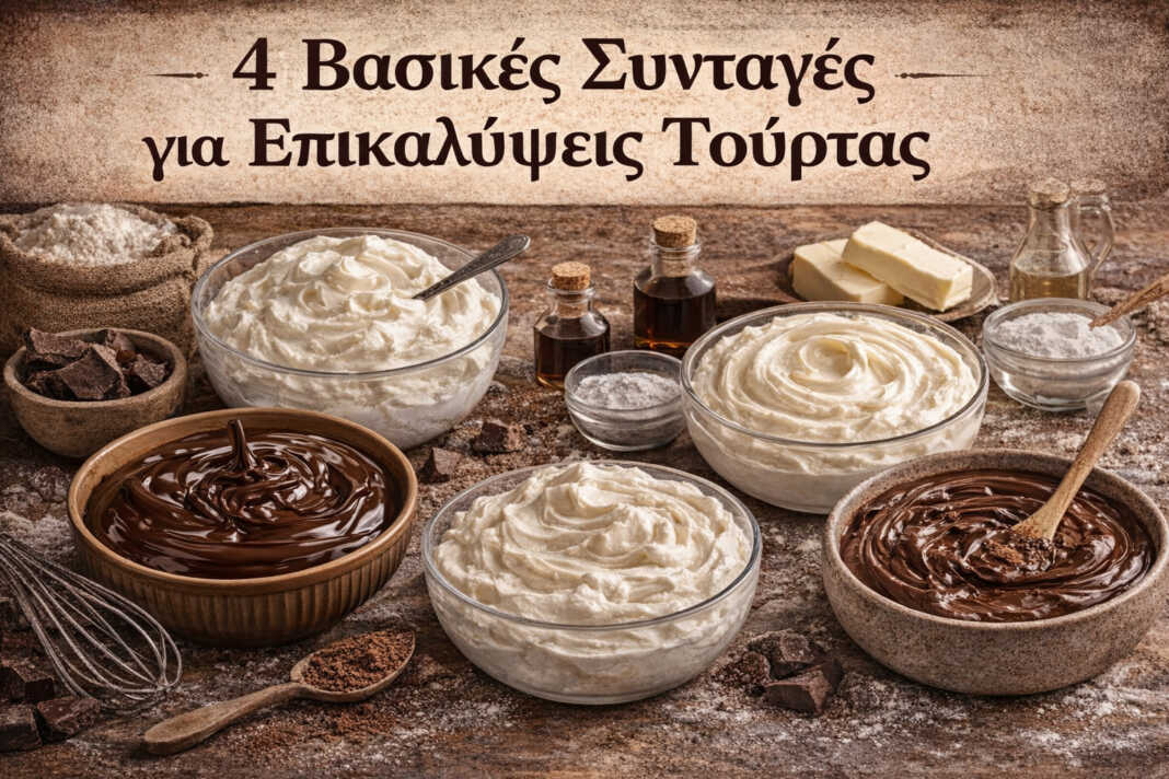 Τέσσερα διαφορετικά είδη γλάσου και frosting σε μπολ για διακόσμηση γλυκών.