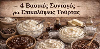 Τέσσερα διαφορετικά είδη γλάσου και frosting σε μπολ για διακόσμηση γλυκών.