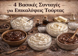 Τέσσερα διαφορετικά είδη γλάσου και frosting σε μπολ για διακόσμηση γλυκών.