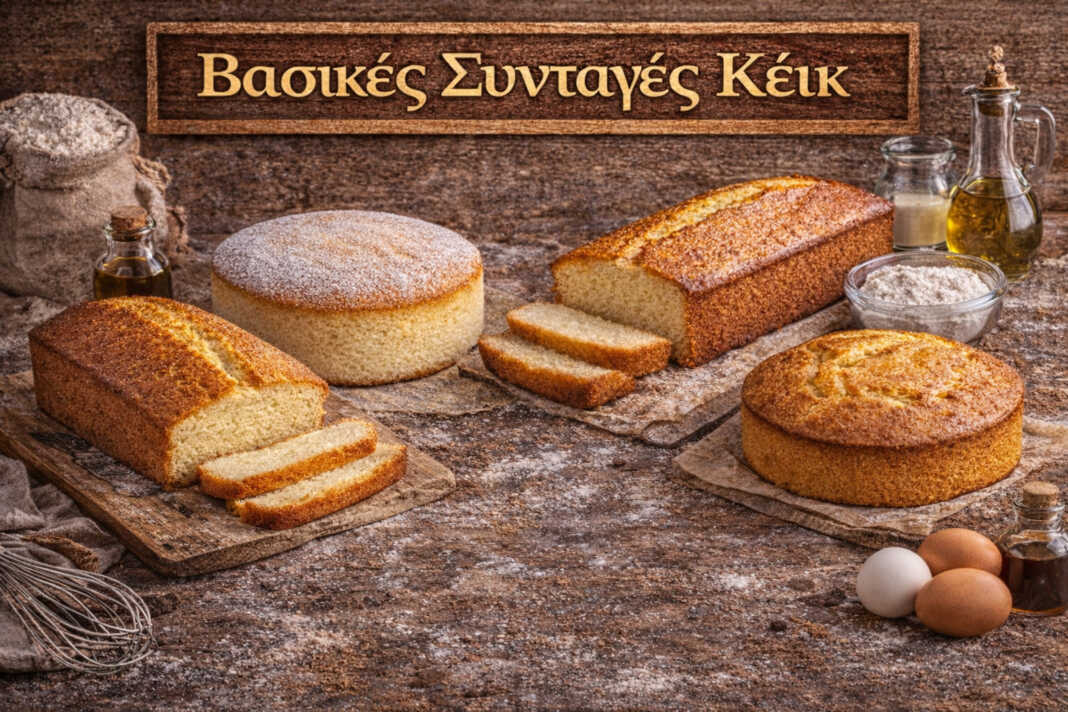 Τέσσερα διαφορετικά είδη κέικ: Παντεσπάνι, Βουτυράτο, Pound Cake και Κέικ Τσαγιού σε πιατέλες.