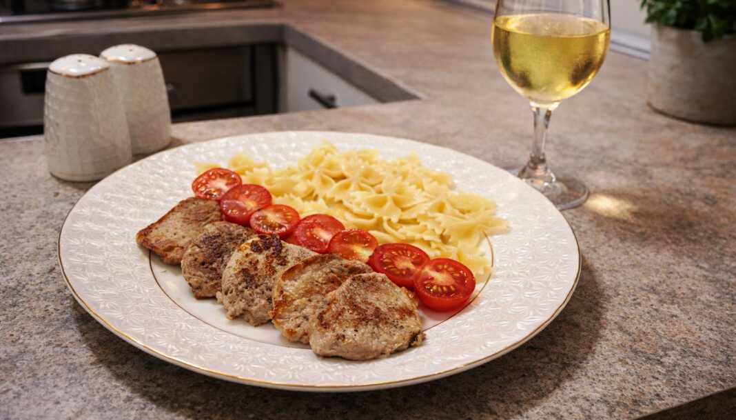 Ζουμερά μενταγιόν από χοιρινό φιλέτο σερβιρισμένα με ζυμαρικά φαρφάλε και φρέσκα κομμένα ντοματίνια σε λευκό πιάτο