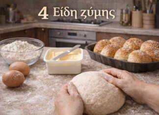 Χέρια που ζυμώνουν μια μαλακή και αφράτη ζύμη με μαγιά σε μια φωτεινή κουζίνα.