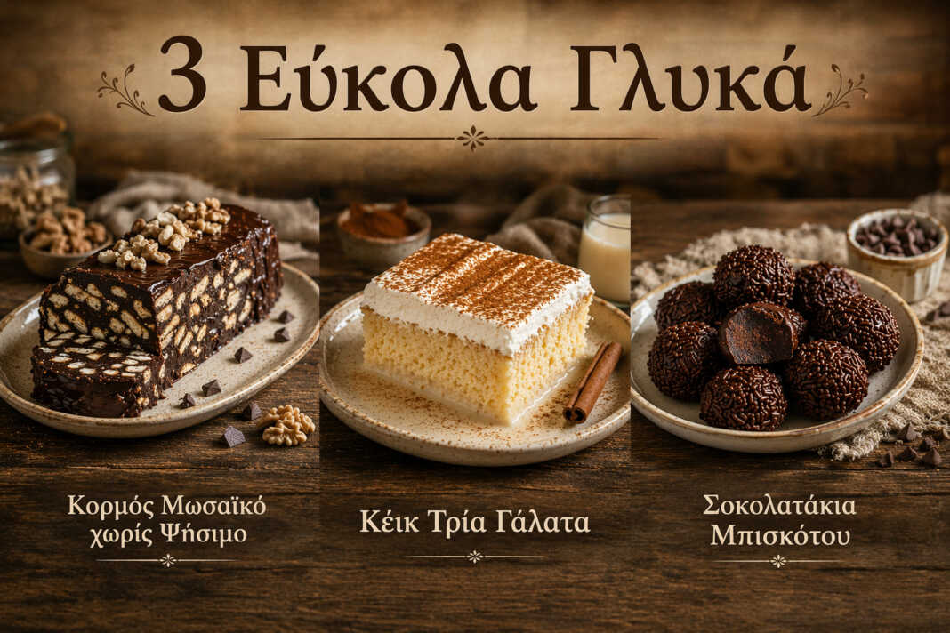 Τρία εύκολα γλυκά — Μωσαικό, Tres Leches με σαντιγί και μπαλίτσες σοκολάτας σε πιάτα