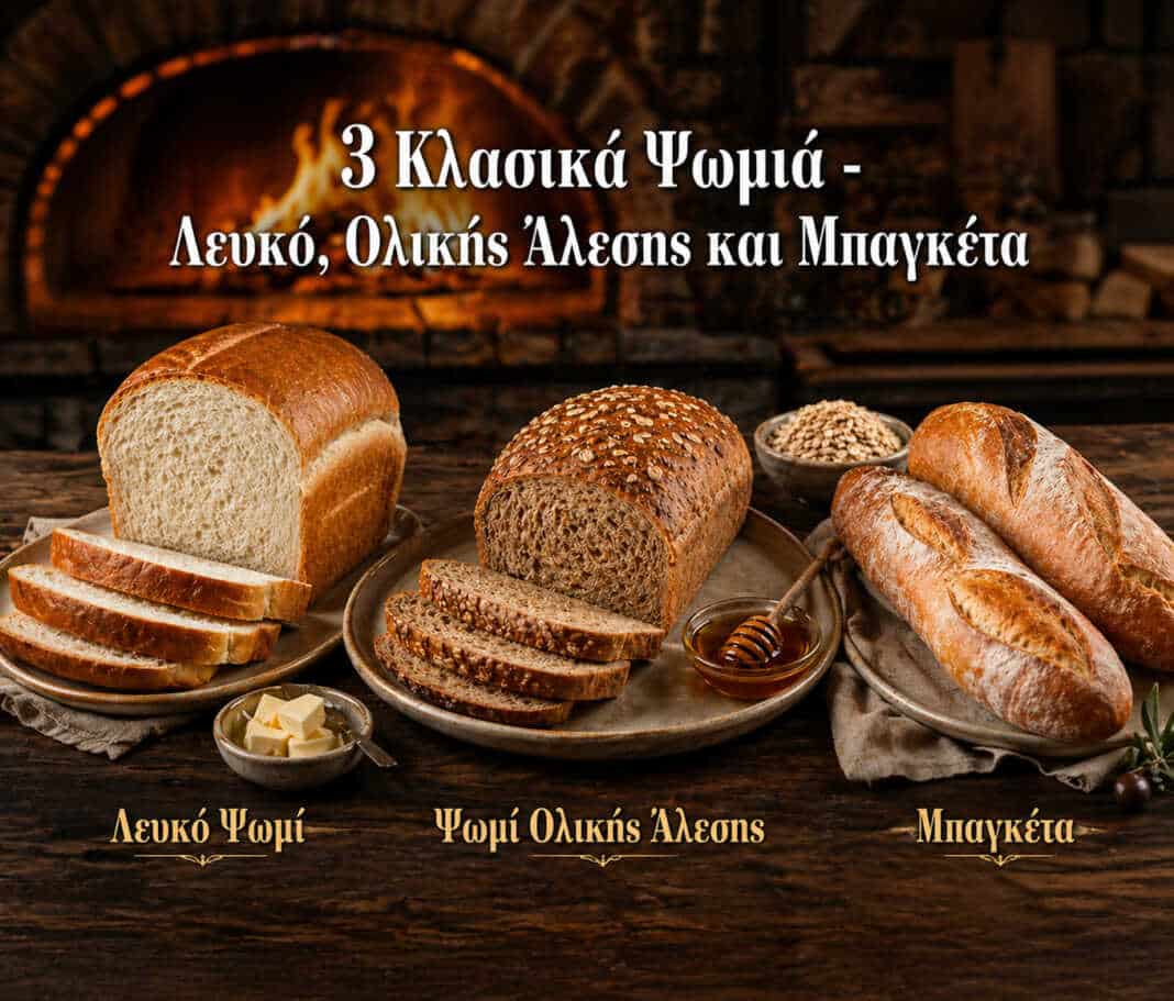 τρία είδη σπιτικού ψωμιού σε ξύλινη επιφάνεια αφράτο λευκό ψωμί κομμένο σε φέτες ψωμί ολικής άλεσης με πυκνή ψίχα σπιτικές μπαγκέτες με τραγανή κόρα