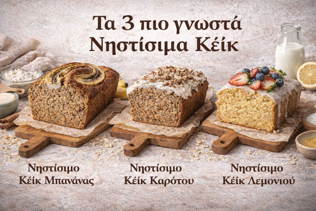 Τρία νηστίσιμα κέικ χωρίς αυγά — μπανάνα, καρότο και λεμόνι σε πιάτα παρουσίασης