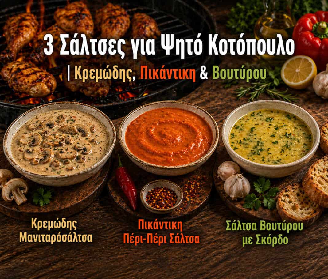 ψητό κοτόπουλο με σάλτσες κρεμώδης σάλτσα μανιταριών πικάντικη peri peri sauce σάλτσα βουτύρου με σκόρδο