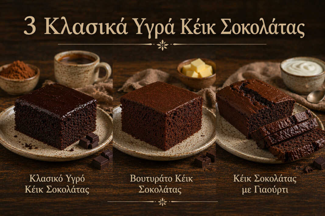 Τρία υγρά κέικ σοκολάτας σε σειρά — κλασικό, βουτυράτο και γιαουρτένιο σε φέτες