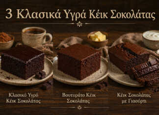 Τρία υγρά κέικ σοκολάτας σε σειρά — κλασικό, βουτυράτο και γιαουρτένιο σε φέτες