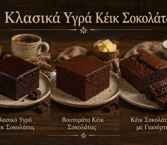 Τρία υγρά κέικ σοκολάτας σε σειρά — κλασικό, βουτυράτο και γιαουρτένιο σε φέτες