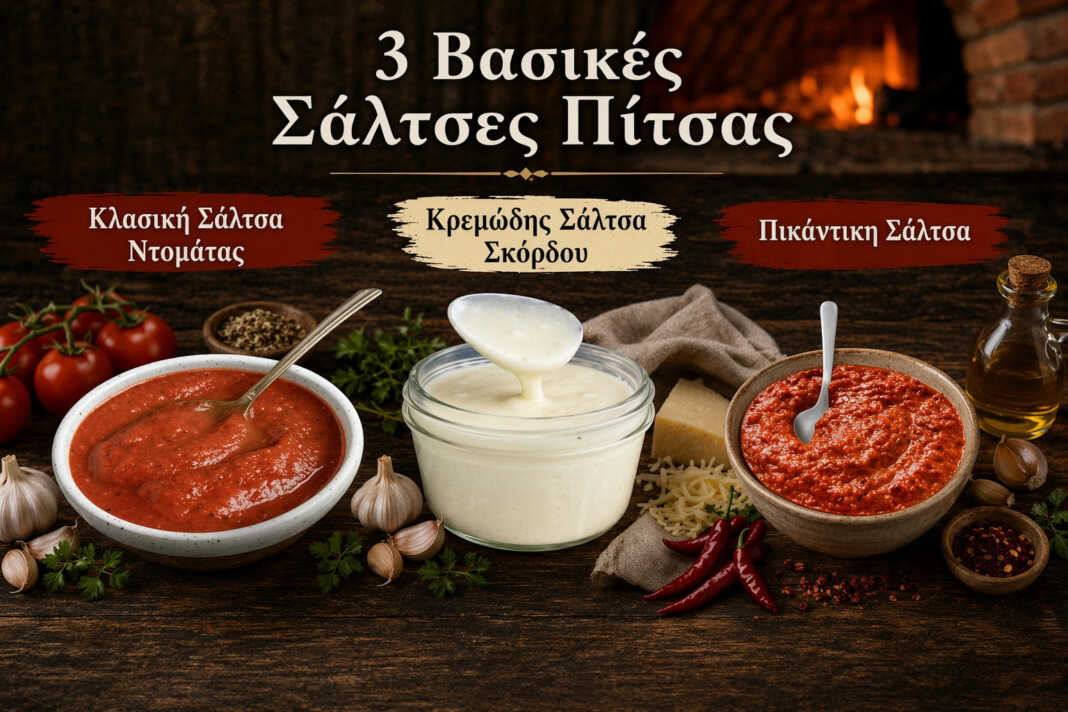 3 βασικές σάλτσες πίτσας: κλασική ντομάτας, λευκή κρεμώδη και πικάντικη