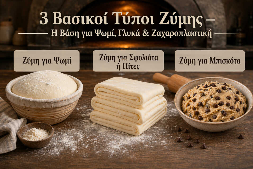 τρεις βασικοί τύποι ζύμης για ψωμί σφολιάτα και μπισκότα σε φόντο φούρνου